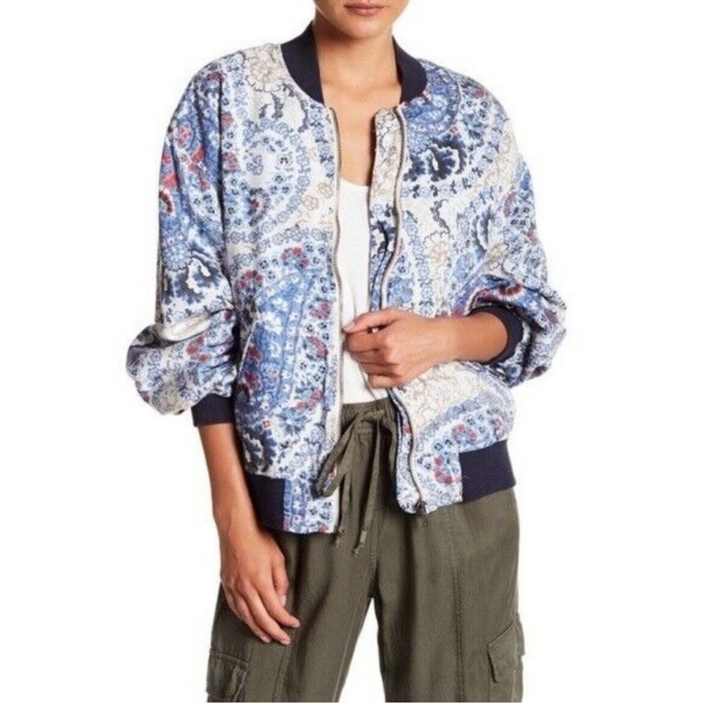 Free People Daytrip Satin Bomber Jacket Floral Paisley Multi SZ M